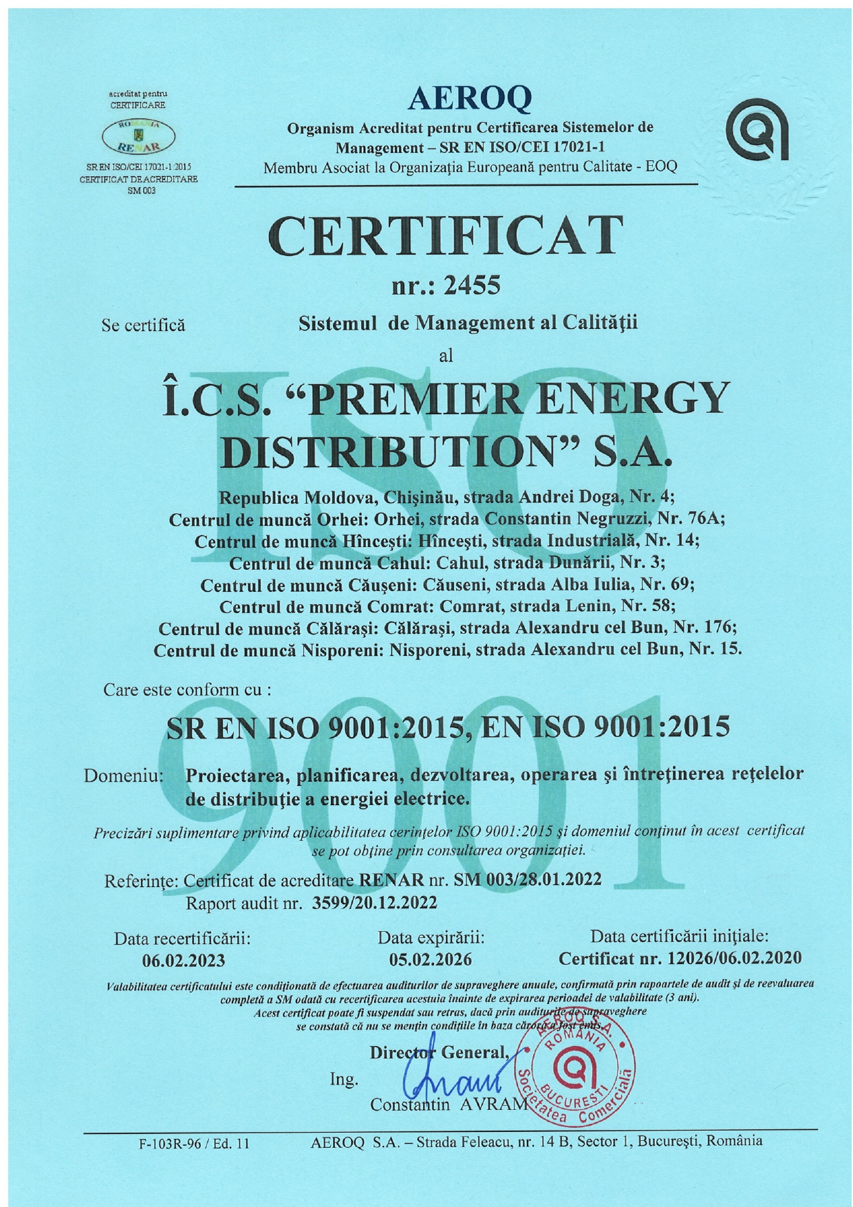 Certificat de Management al Calității ISO 9001:2015 I.C.S. Premier Energy Distribution S.A.